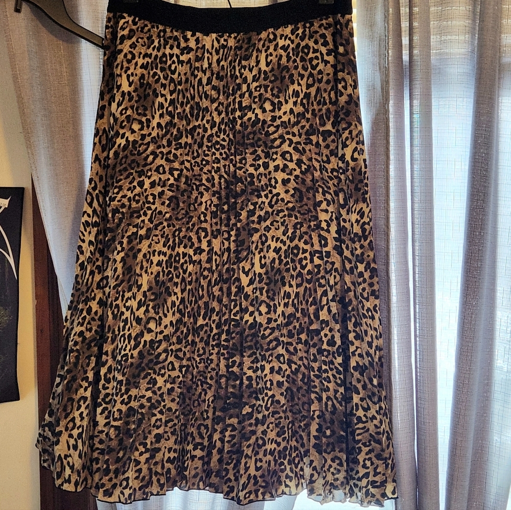 H&M Leopard Print Pleated Midi Skirt, Size 14